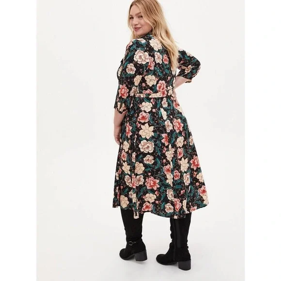 Torrid Floral Button Midi Challis Shirt Dress Black Plus Size 3 3X H14301 - Picture 11 of 16